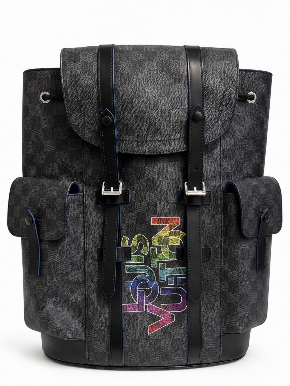 Louis Vuitton Christopher PM Backpack in Damier Graphite with Rainbow Logo.